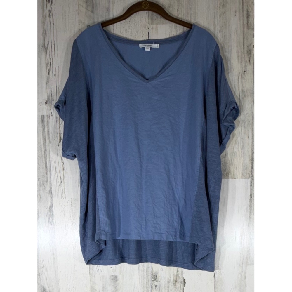 Chicos Linen Blend Top Size‎ 4 or XXL Blue V-Neck Cuffed Cap Sleeve Mixed Media